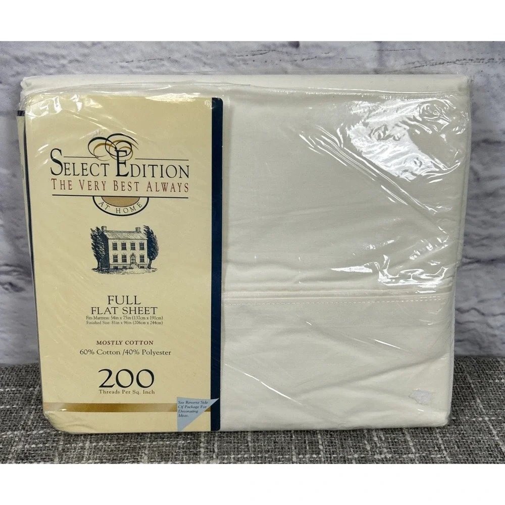 Select Edition Vintage Full Flat Sheet Cotton Poly Blend Ivory USA Thread